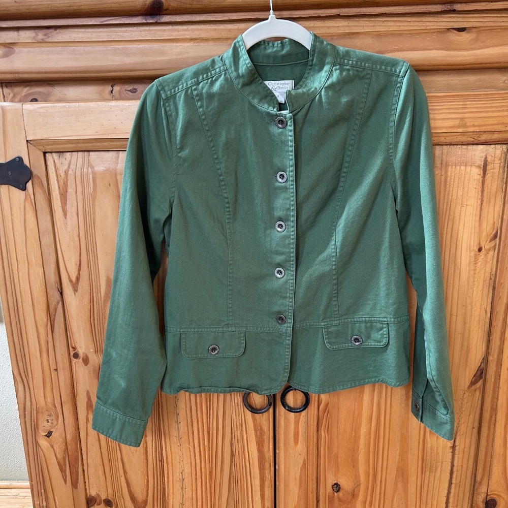 Christopher & Banks Jacket Lightweight Button Up Mock Collar 100% Cotton Green S